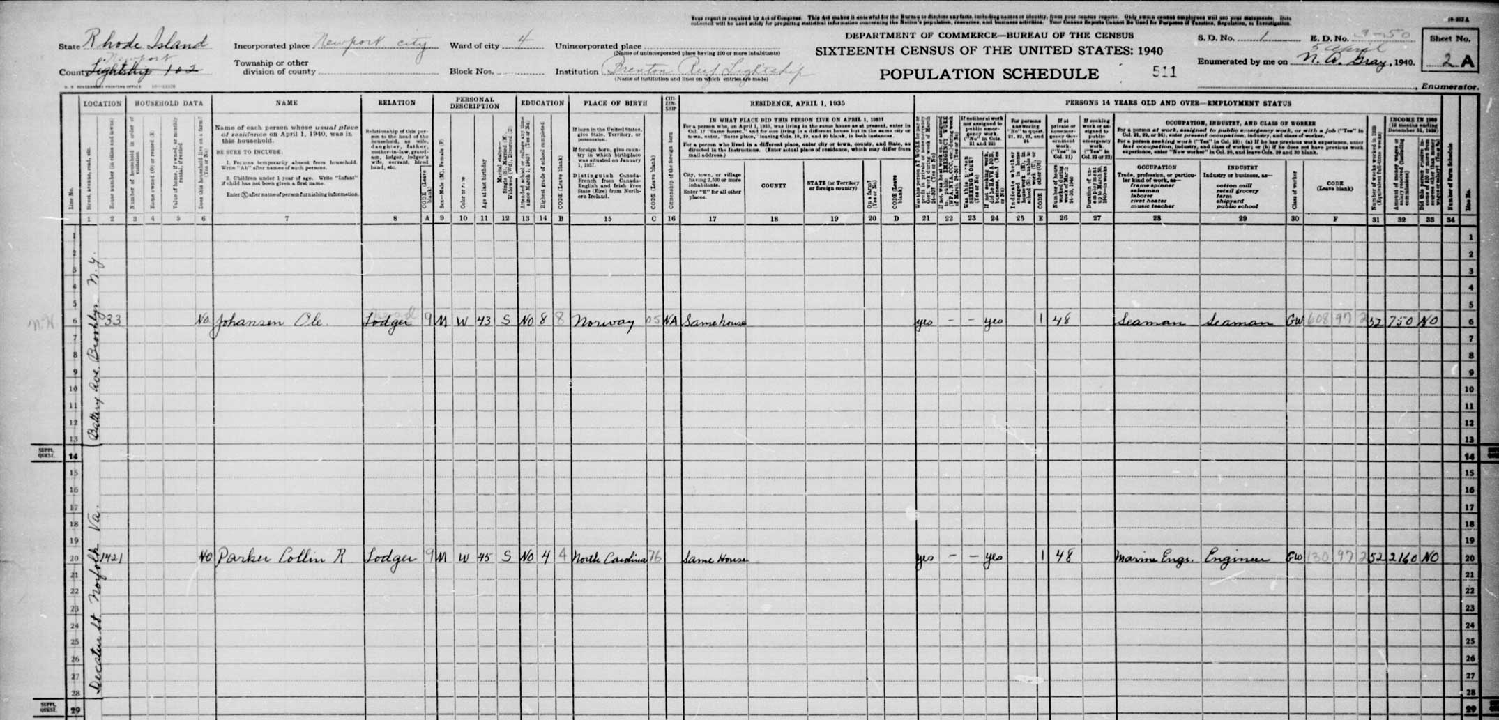 Brenton Reef Lightship 1940 Census