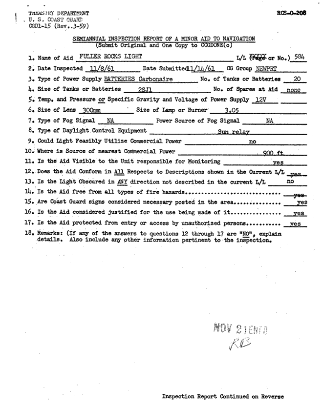 Fuller Rock Light - Semiannual Inspection Report of Minor Aid to Navigation 11/8/61