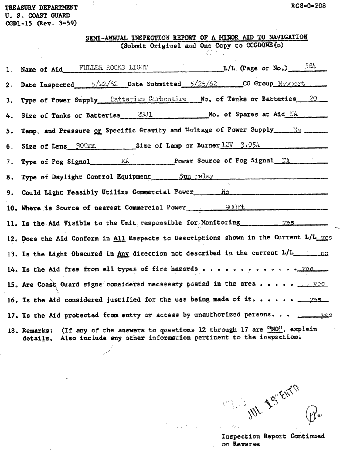 Fuller Rock Light - Semiannual Inspection Report of Minor Aid to Navigation 5/22/62
