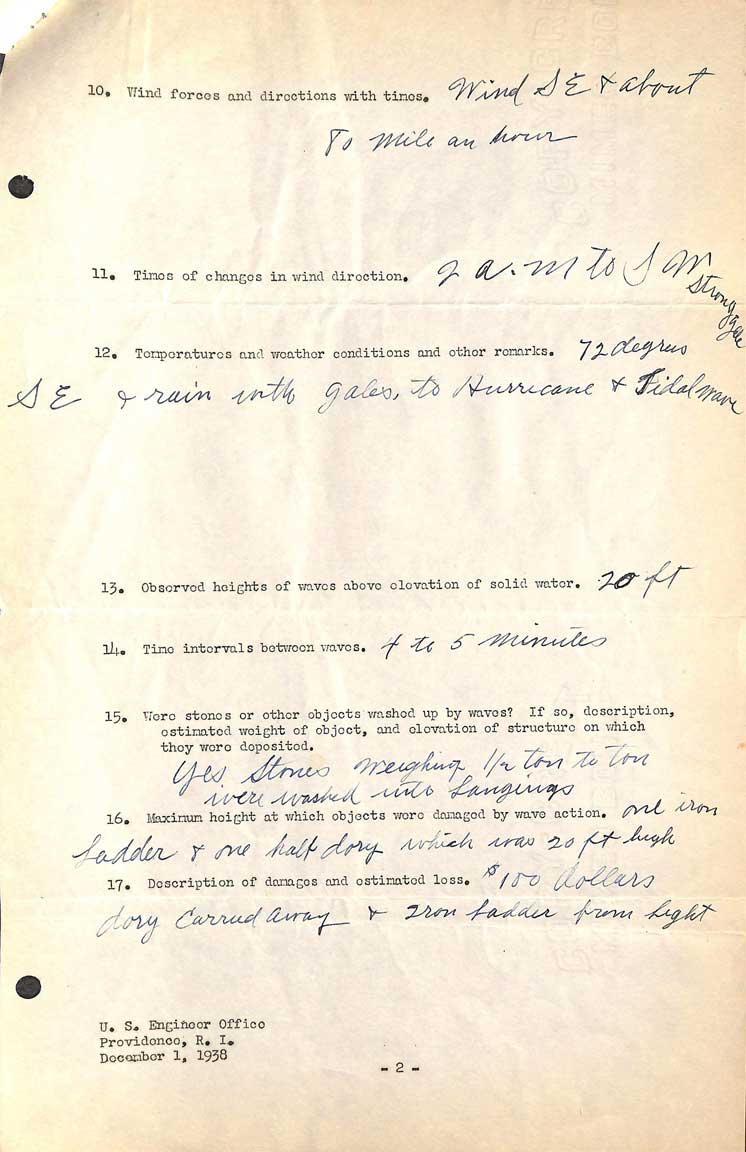 Hog Island Shoal Light - A questionnaire regarding the hurricane of September 21, 1938