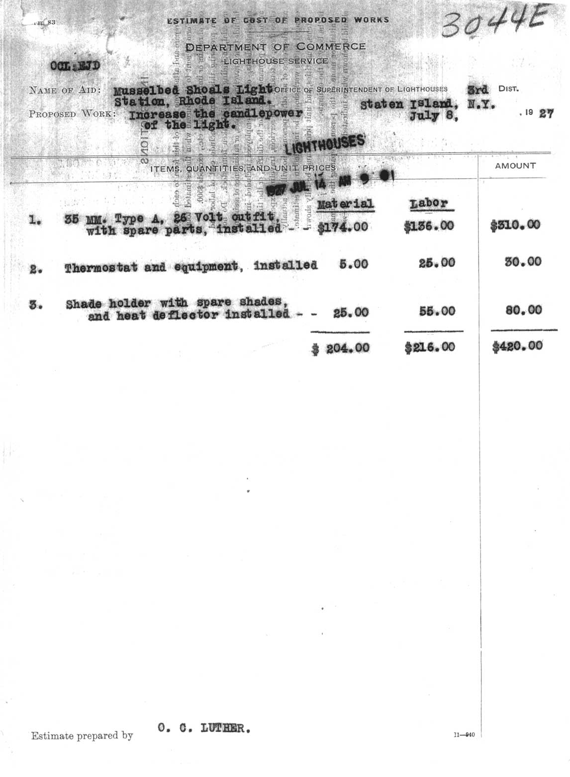 Estimate Of Cost Of Proposed Works at Musselbed Shoals Light