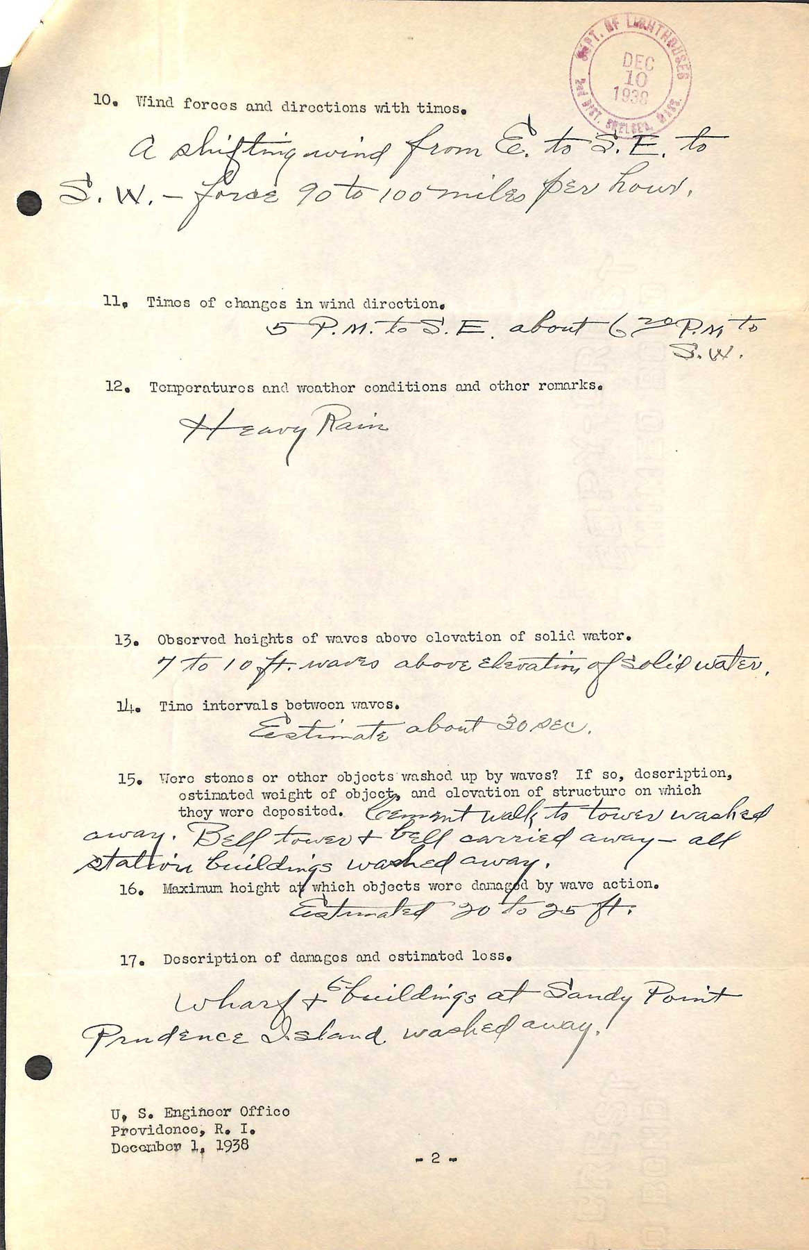 Prudence Island Light - A questionnaire regarding the hurricane of September 21, 1938