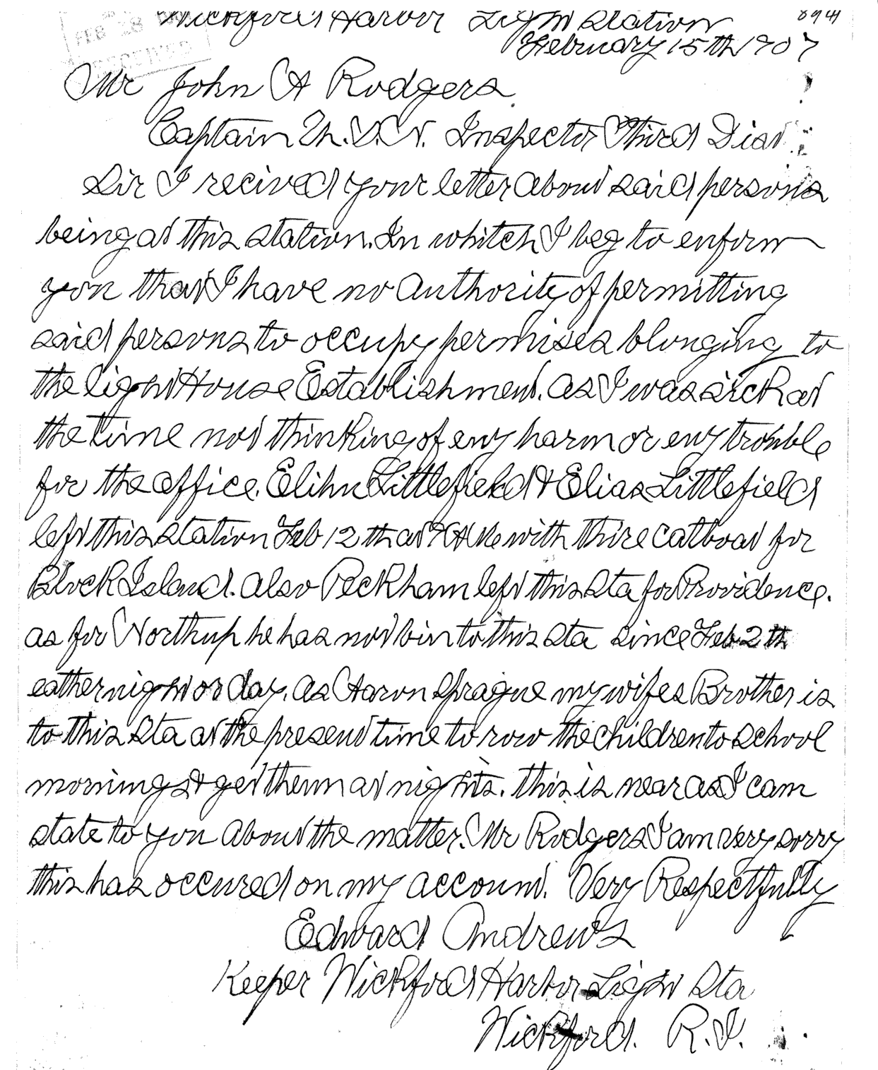 Wickford Harbor Light - Keeper's Letter to Light-house Establishment - page 2