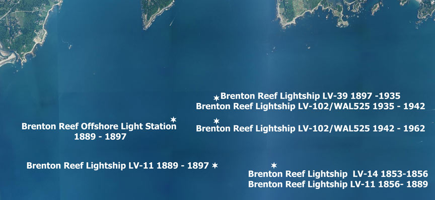 Locations of Brenton Reef Lights From 1853 to 1992